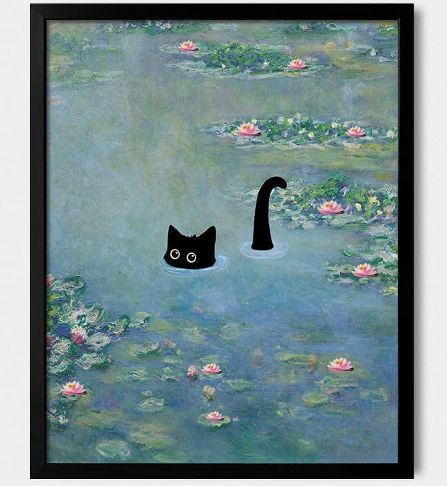 Hamduker Funny Black Cat Wall Art, Monet Art Water Lily Cat Wall Art Decor - Image 2