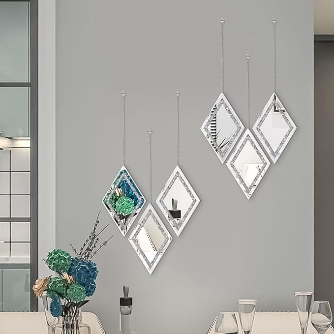 Pibeyer Silver Diamond Shaped Wall Mirror Set of 3, Decorative Crystal Crush - Image 5