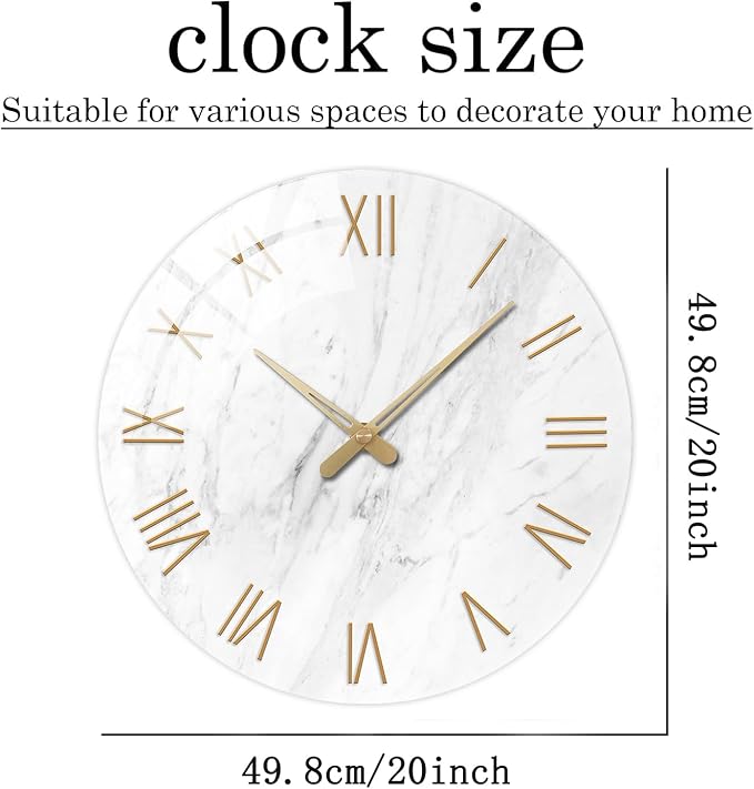 Large White Marble Wall Clocks Battery Operated 20 Inch Modern Analog Glass - Image 2