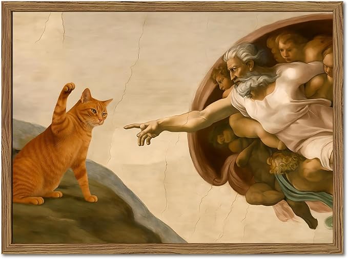 Funny Orange Cat Wall Art Creation of Adam and Cat Wall Decor Painting by WARTHZwallart