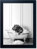 Black and White Bathroom Decor Funny Hippo in Bathtub Wall Art Framed Humor by Melpa+Art
