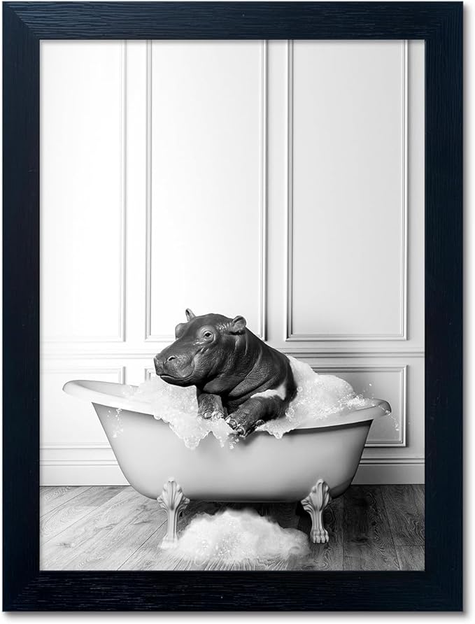Black and White Bathroom Decor Funny Hippo in Bathtub Wall Art Framed Humor by Melpa+Art
