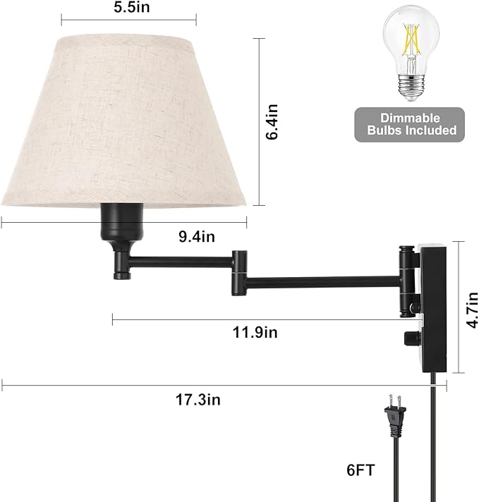 TRLIFE Wall Sconce Plug in, Dimmable Wall Sconces Set of Two Swing Arm Wall - Image 4