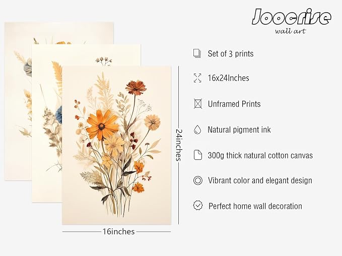 Botanical Floral Wall Art Set of 3 Vintage Wildflower Canvas Wall Decor - Image 2