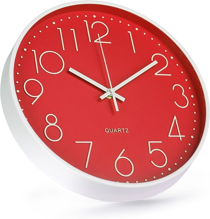 Wall Clock 10 Inch Non-Ticking Silent Modern Simple Style Round Decor Clock Red - Image 2