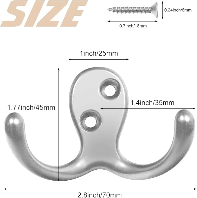 Homanu 34 Pack Coat Hooks, Heavy Duty Double Prong Coat Hooks Wall Mounted - Image 5