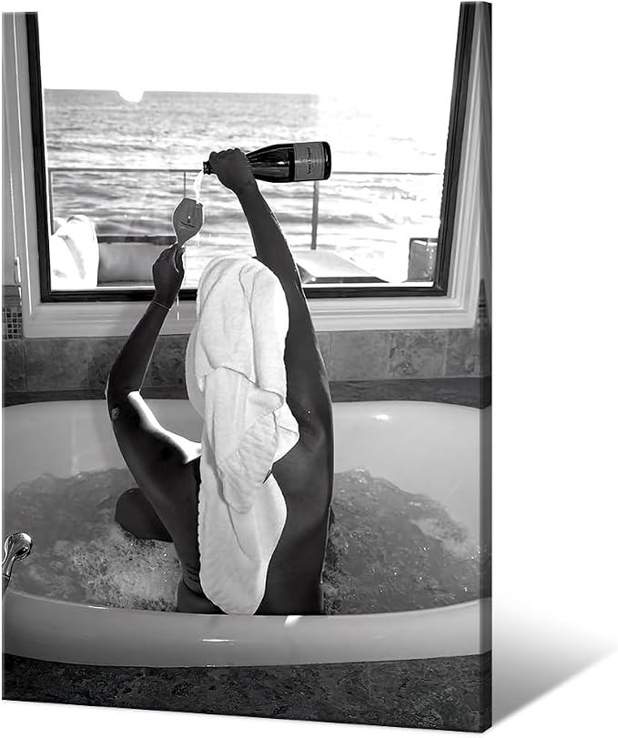 Trendy Black and White Posters Funny Woman Drinking Wine in Bathtub Wall Art by Acqooeakt