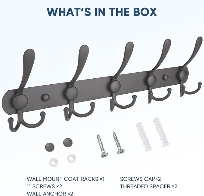 TICONN Wall Mounted Coat Rack, Five Heavy Duty Tri Hooks All Metal Construction - Image 5