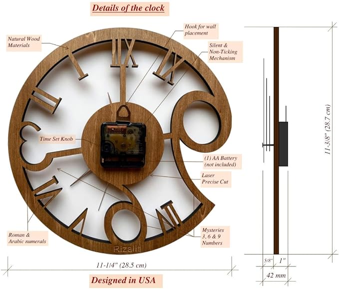 Rizalit Wood Wall Clock Artistic Modern Classic Style Unique Design 11.5 Inch - Image 7