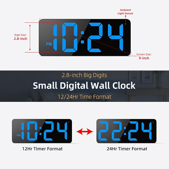 LED Digital Wall Clock with Large Display, Big Digits, Auto-Brightness - Image 3