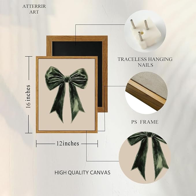 AtterrirArt Bow framed wall art, cute canvas picture print, vintage green wall - Image 7