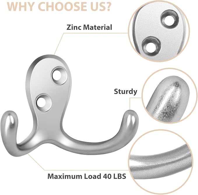 Homanu 54 Pack Coat Hooks, Heavy Duty Double Prong Coat Hooks Wall Mounted - Image 4