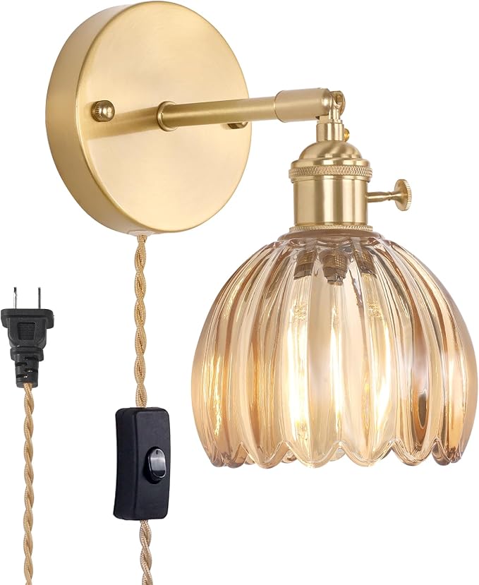 Shenmoyl Plug in Wall Sconce, Amber Tulip Glass Lampshade Wall Light Plugin by Shenmoyl