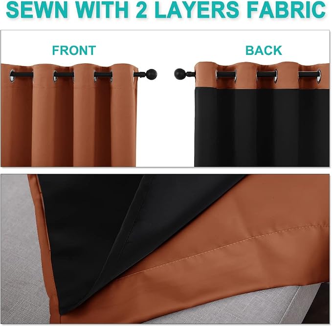 NICETOWN Burnt Orange 100% Blackout Lined Curtains, 2 Thick Layers Narrow Wide - Image 5