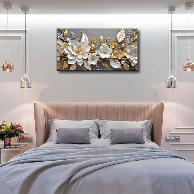 Large Living Floral Canvas Wall Art Gold White Plant Abstract Decor painting - Image 4