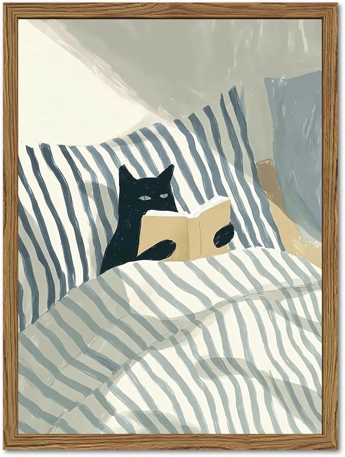 Funny Black Cat Wall Art Painting, Whimsical Cat in Stripe Bed Reading Wall by WARTHZwallart