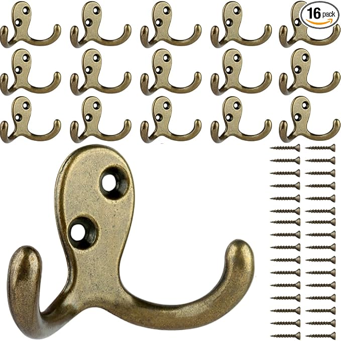 IBosins 16 Pack Heavy Duty Double Prong Coat Hooks Wall Mounted Antique Brass by IBosins
