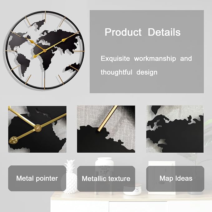 Large World Map Wall Clock, Metal Minimalist Modern Clock, Round Silent - Image 3