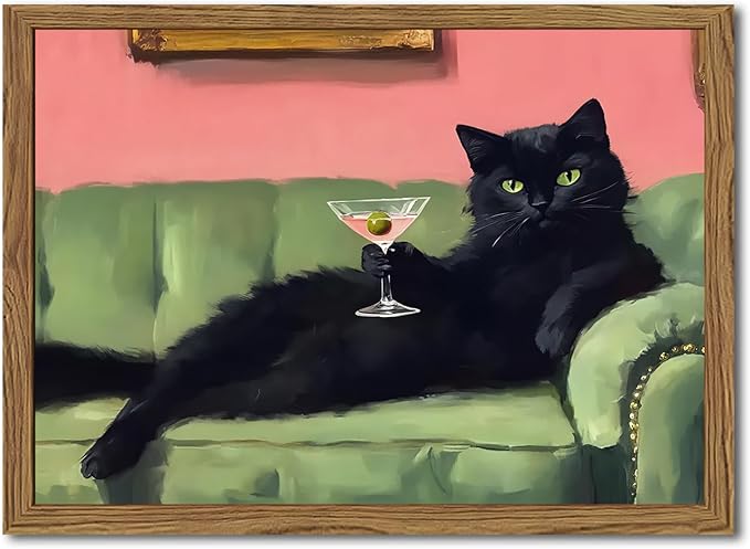 Funny Black Cat Martini Wall Art, Bar Cart Decor, Eclectic Cocktail Painting by WARTHZwallart