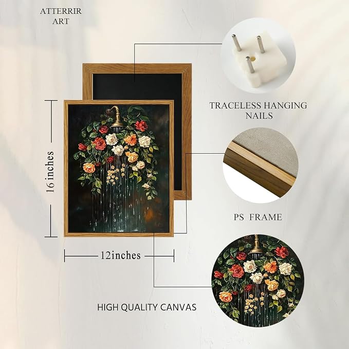 AtterrirArt Vintage Bathroom Framed Wall Art, Moody Botanical Canvas Print - Image 6