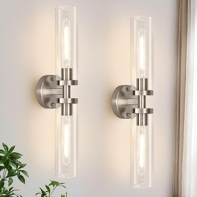 Wall Sconces Set of Two, Hardwired Brushed Nickel Bathroom Sconces Wall Lighting by Indoibrightenyourbathroom