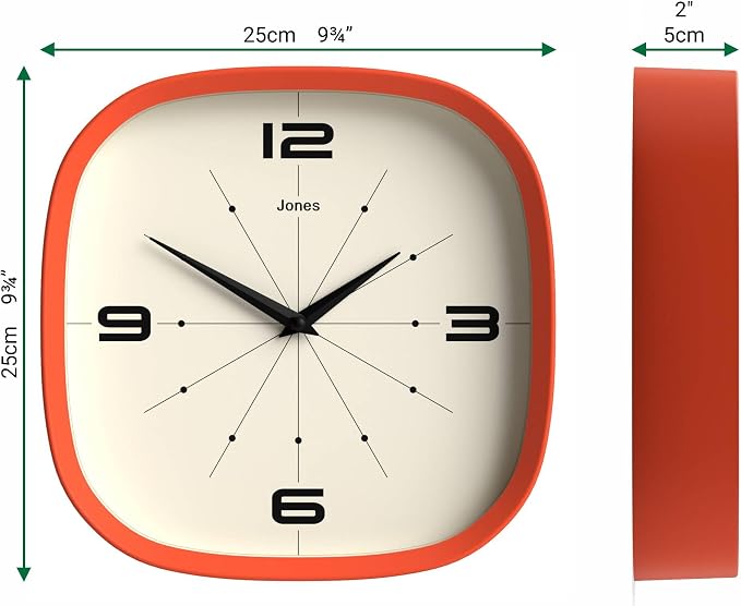 JONES CLOCKS® Pulsar wall Clock | Square Rounded Retro Clock | 10 inch | Orange - Image 4
