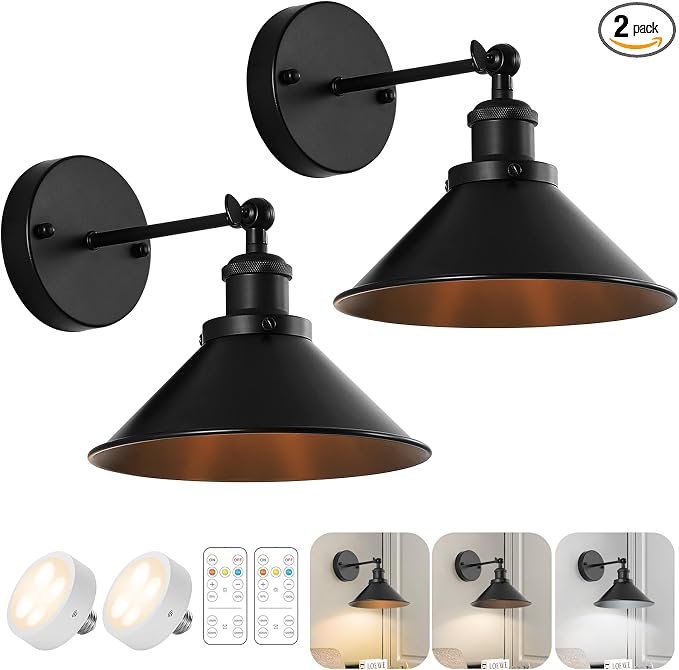 Bailoch Black Vintage Wireless Battery Operated Wall Sconces, Industrial by Bailoch