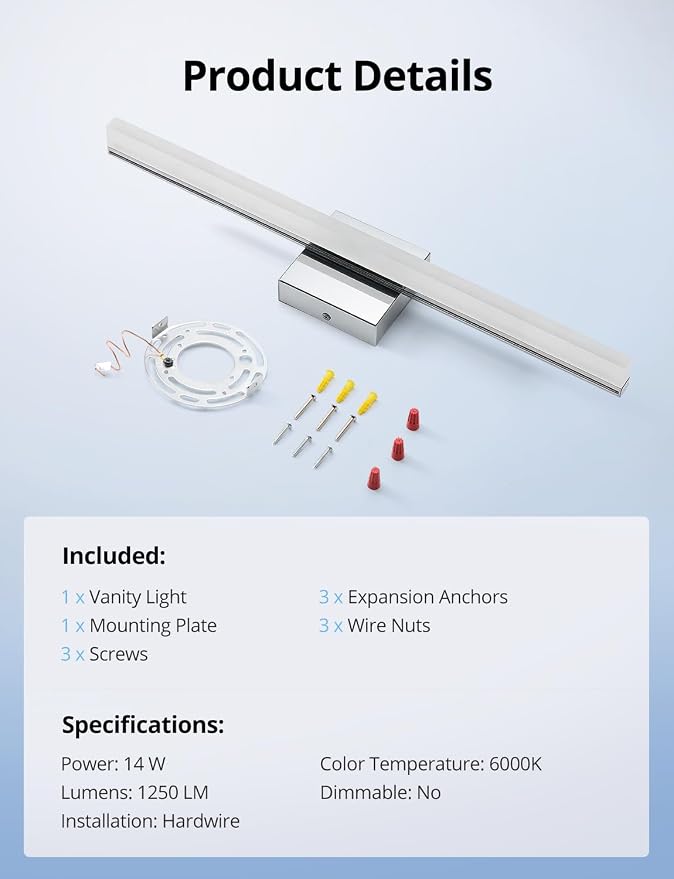 Combuh LED Vanity Lights Bar 24 Inch Bathroom Light Fixtures 14W IP44 Over - Image 9