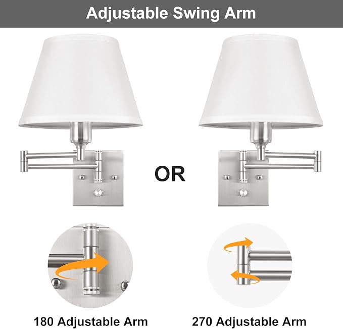 TRLIFE Wall Sconce Plug in, Dimmable Wall Sconces Set of 2 Brushed Nickel Swing - Image 7