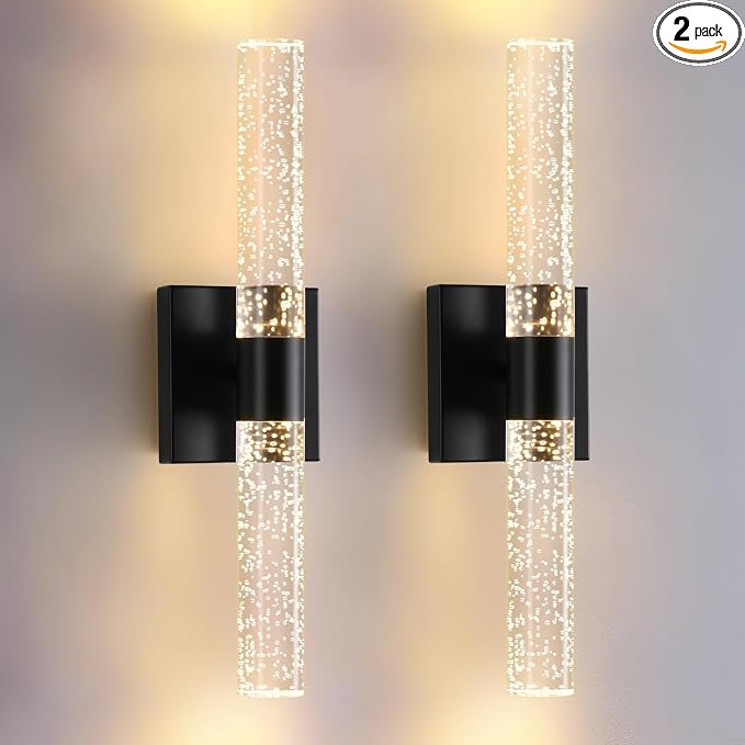 Black Modern LED Wall Sconces Set of Two 3000K-6000K Crystal Bathroom Sconce by LECLLITEN