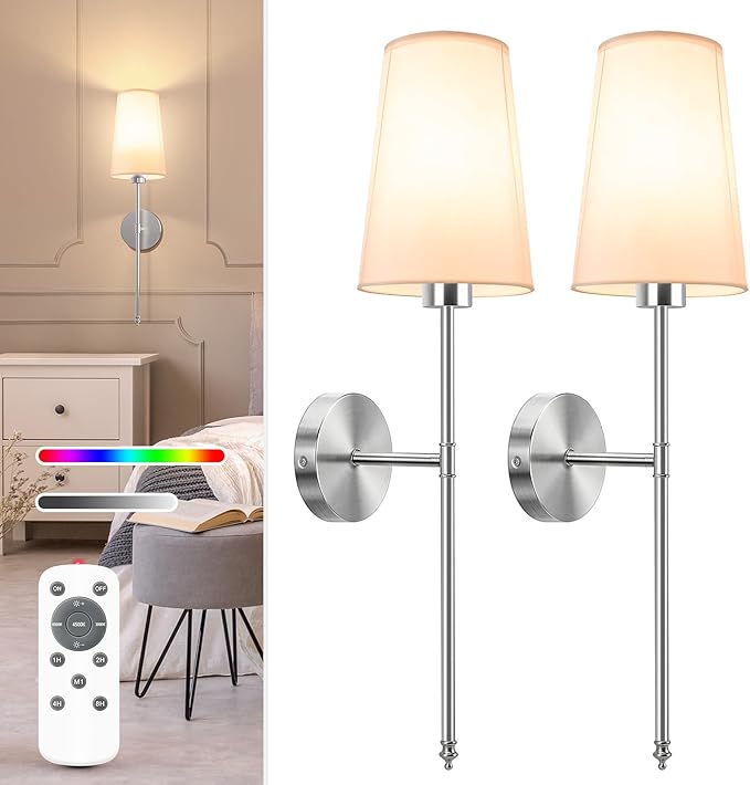 NIORSUN Brushed Nickel Battery Operated Wall Sconce Set of 2, Rechargeable Wall by NIORSUN