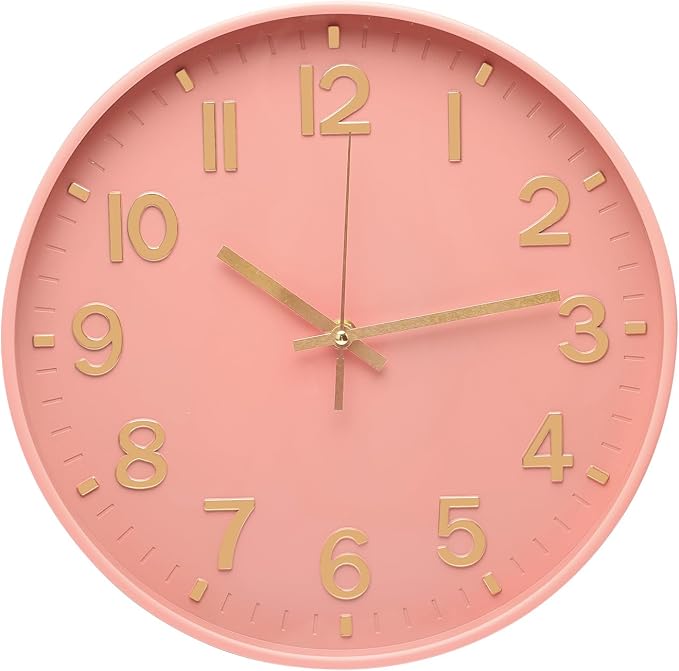 Wall Clock 12 Inch Pink Modern Simple Quartz Decorative Clock Non-Ticking by BAKBRAND