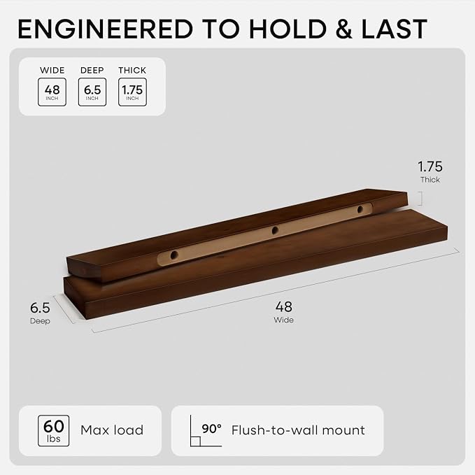 Homeforia 48 inch Walnut Floating Shelf, High End Solid Real Wood Large 48inch - Image 2