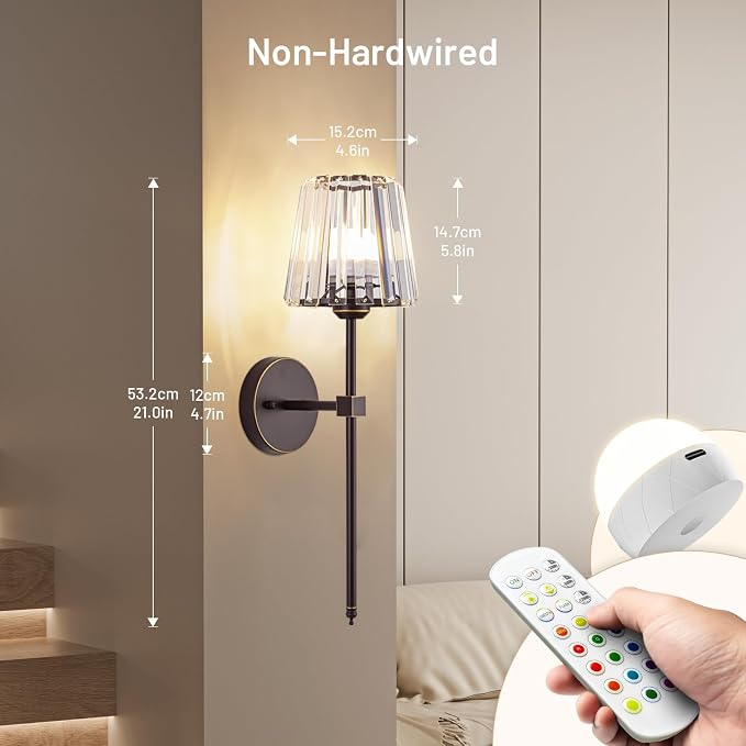 Crystal Battery Operated Wall Sconces Set of 2, 12 RGB and 3CCT Dimmable Wall - Image 3