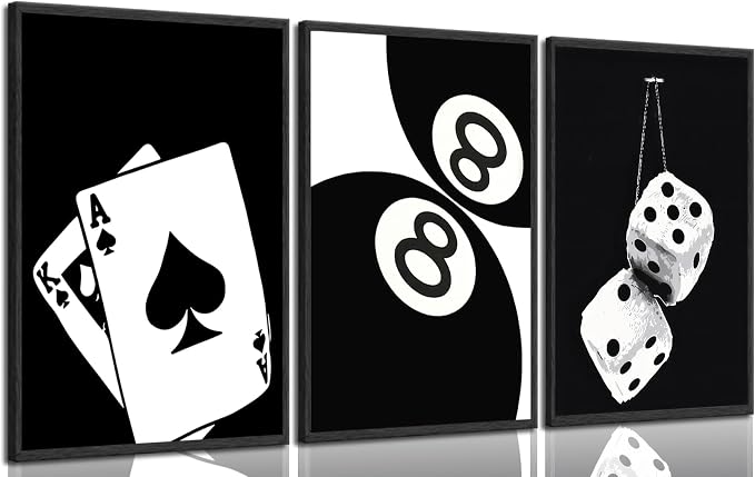 3Pcs Black and White Poker Dice Canvas Wall Art Lucky You Poster Prints Trendy by bokpen