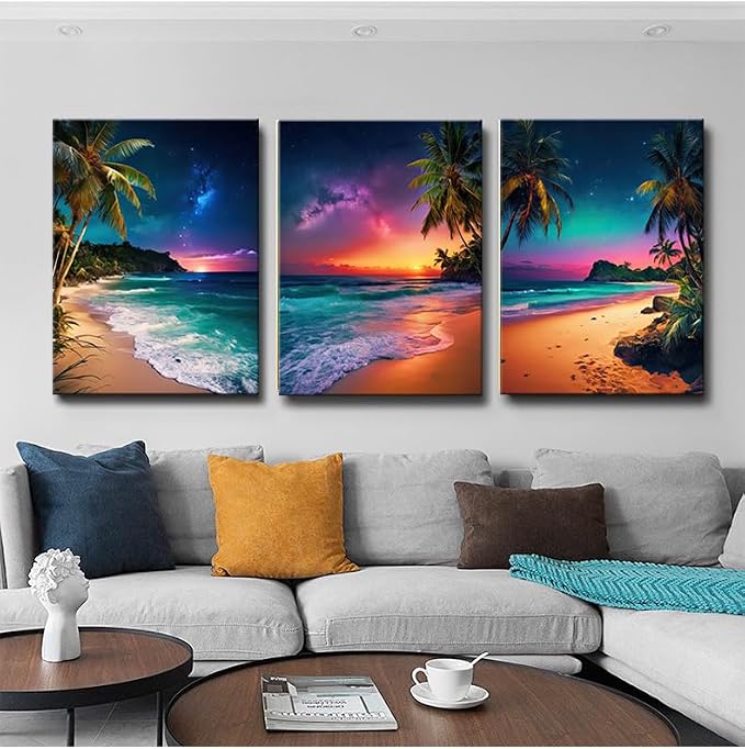 weiyiart 3-Piece Tropical Beach Wall Art, Northern Lights Ocean Sunset Canvas - Image 2