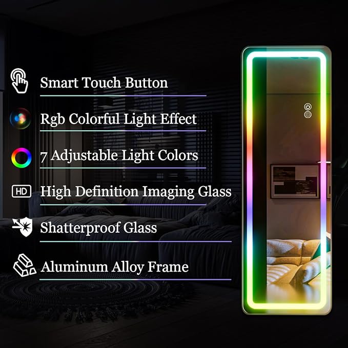 Koonmi LED Full Length Mirror, RGB Color Changing Lights, 7 Dynamic Modes - Image 2