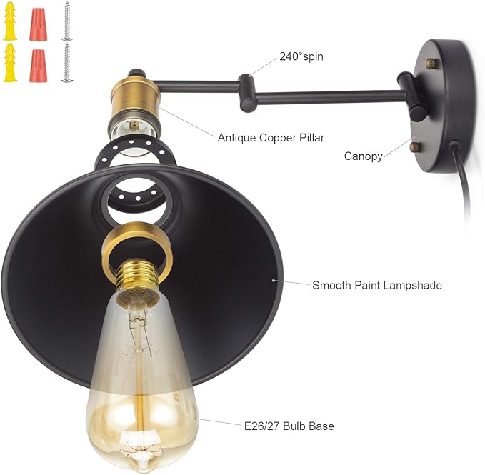 Wall Lamps, Swing Arm Wall Lamp Wall Sconce 2-Pack Plug in Cord - Image 9