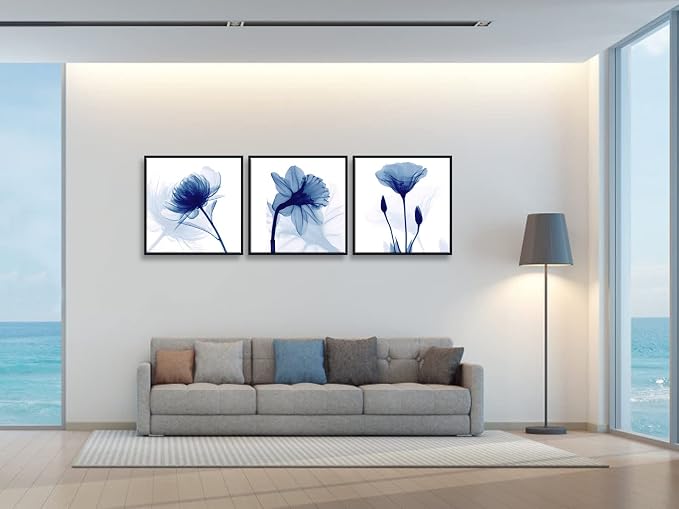 Wieco Art Framed Wall Art Blue Abstract Flowers 3 Panels Canvas Prints Home Art - Image 3