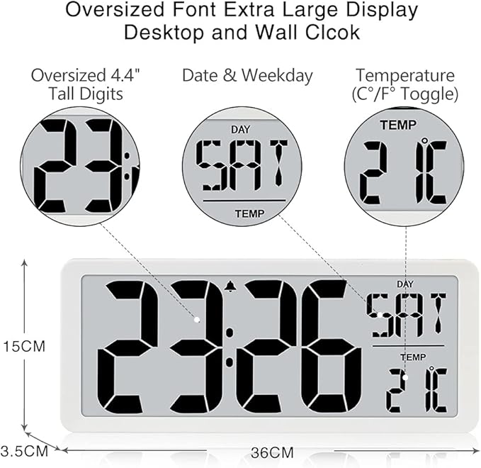 TXL 14.2" Large Digital Day Wall Clock, Custom 8 Languages Calendar, Count - Image 3