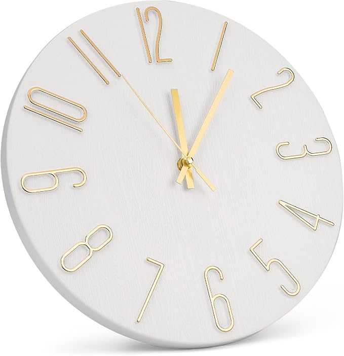 Wall Clock 12 Inch Silent Non-Ticking Imitation Wood Indoor Clock Round White - Image 2