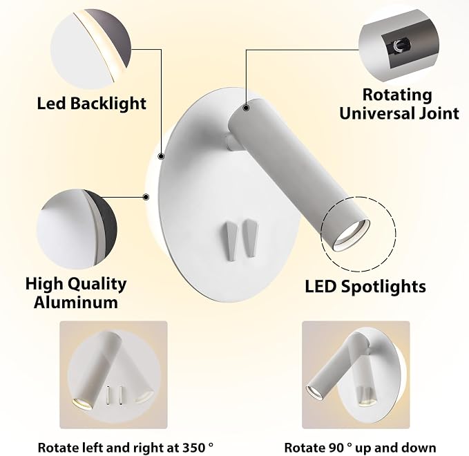 ZEROUNO Bedroom Wall Lamp with Switch Reading Light Hardwired Sconces Which - Image 2