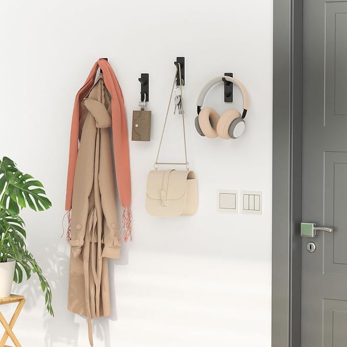 susswiff Black 6 Pack Aluminum Coat Hooks, Heavy Duty Self Adhesive Hooks - Image 2