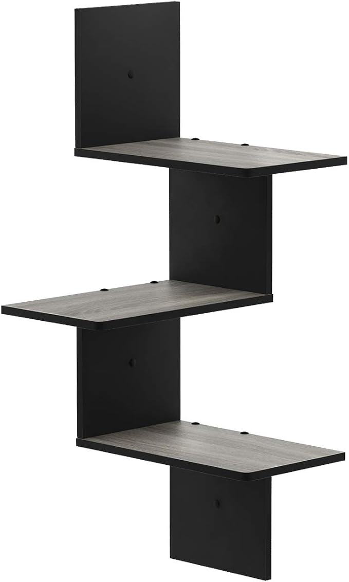 Furinno Rossi Wall Mounted Shelves 3-Tier Rectangle French Oak Grey/Black by Furinno-FitsYourSpaceFitsYourBudget