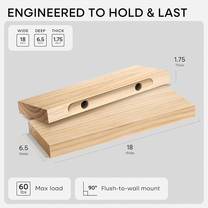 Homeforia 18 inch Natural Floating Shelf, High End Solid Real Wood 18inch Small - Image 2