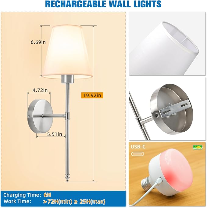 NIORSUN 19.9 inch Battery Operated Wall Sconce Set of 2, Brushed Nickel - Image 7