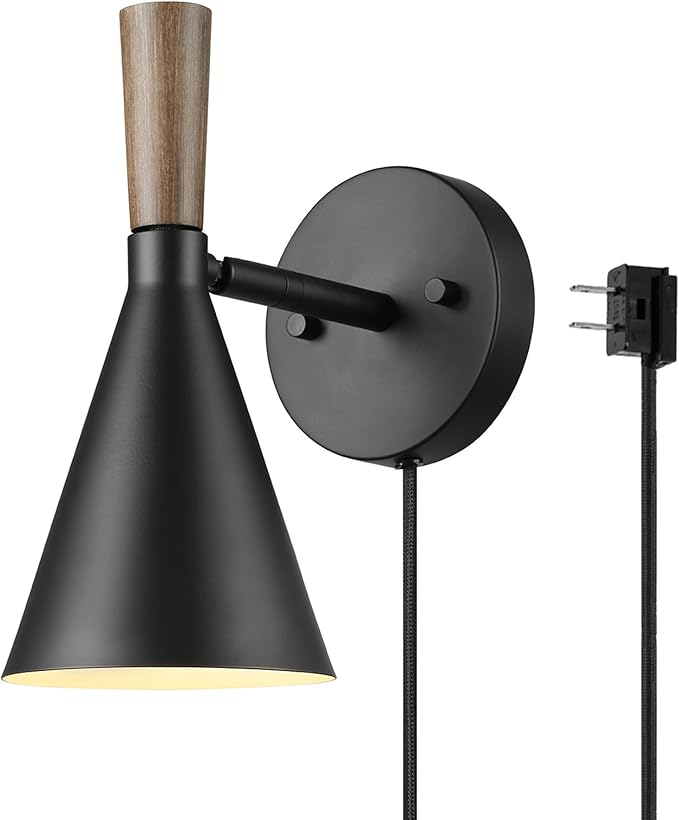 Globe Electric Plug-in or Hardwire Wall Sconce, Matte Black, Wood-Tone Switch by GlobeElectric