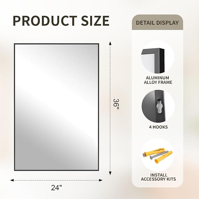 FICTOR Bathroom Vanity Mirror-Black, Shatterproof & Anti-Rust, Wall Mount - Image 2
