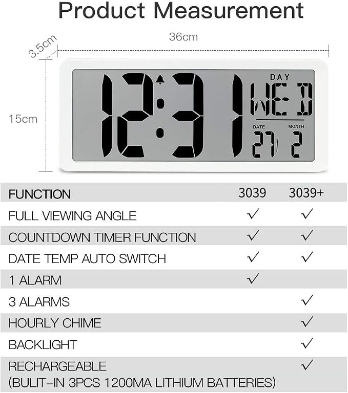 TXL 14.2" Large Digital Day Wall Clock, Custom 8 Languages Calendar, Count - Image 2