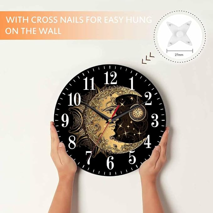 Mxocom Crescent Moon Wall Clock Boho Chic Golden Sun Ethnic Retro Night Black - Image 4